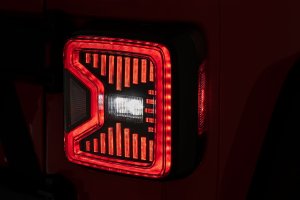 Jeep Wrangler Unlimited LED Tail Light - Rear - Rough Country - Black Housing with C-Shaped Running Light Design - Smoked - '18-'25